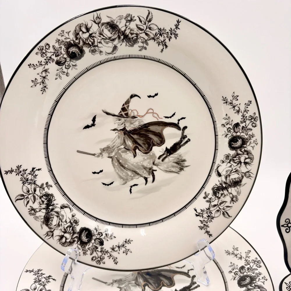 Potters Studio Halloween Witch Ceramic Plate Set 4pc Dinner Salad Plates